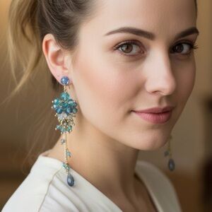 NWOT WA Studios Crystal Blue and Gold Cluster Dangle Earrings